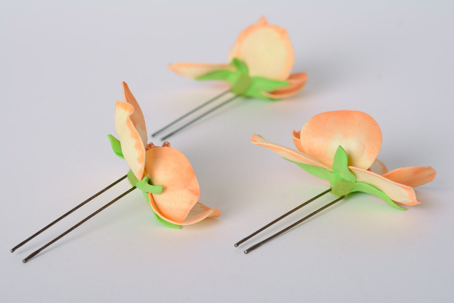 Set of handmade foamiran fabric flower hairpins 3 items Peach Orchids photo 4
