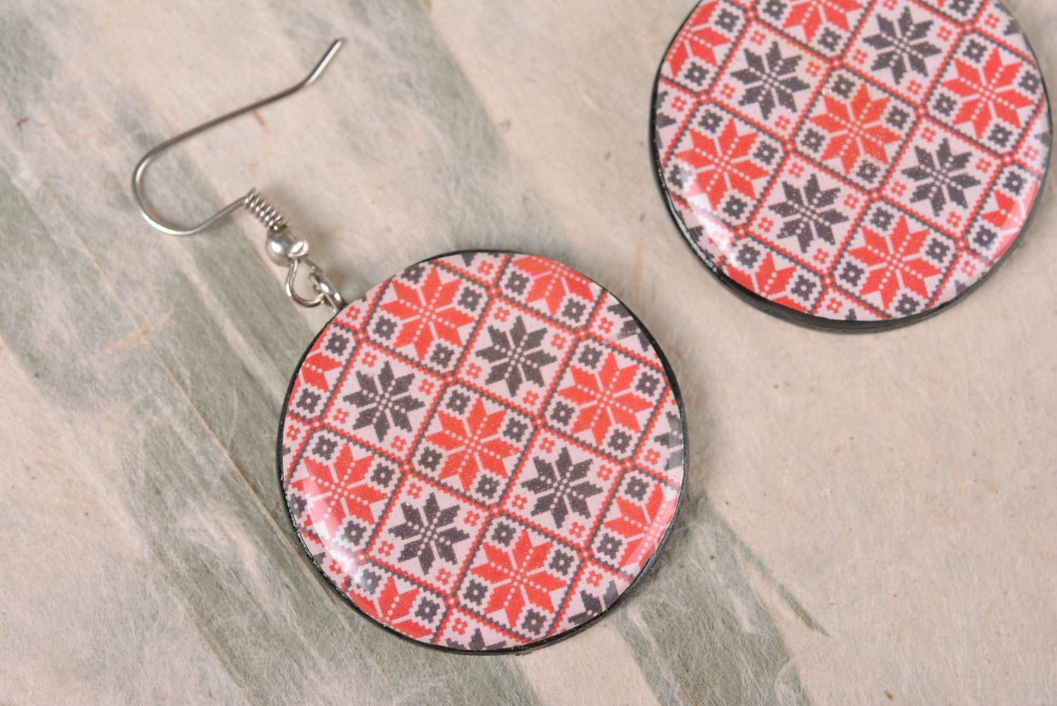 Handmade round plastic earrings with ornament and epoxy coating photo 1