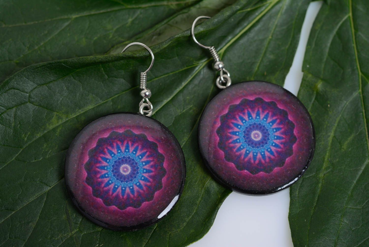 Purple designer earrings made of polymer clay handmade jewelry in ethnic style photo 3