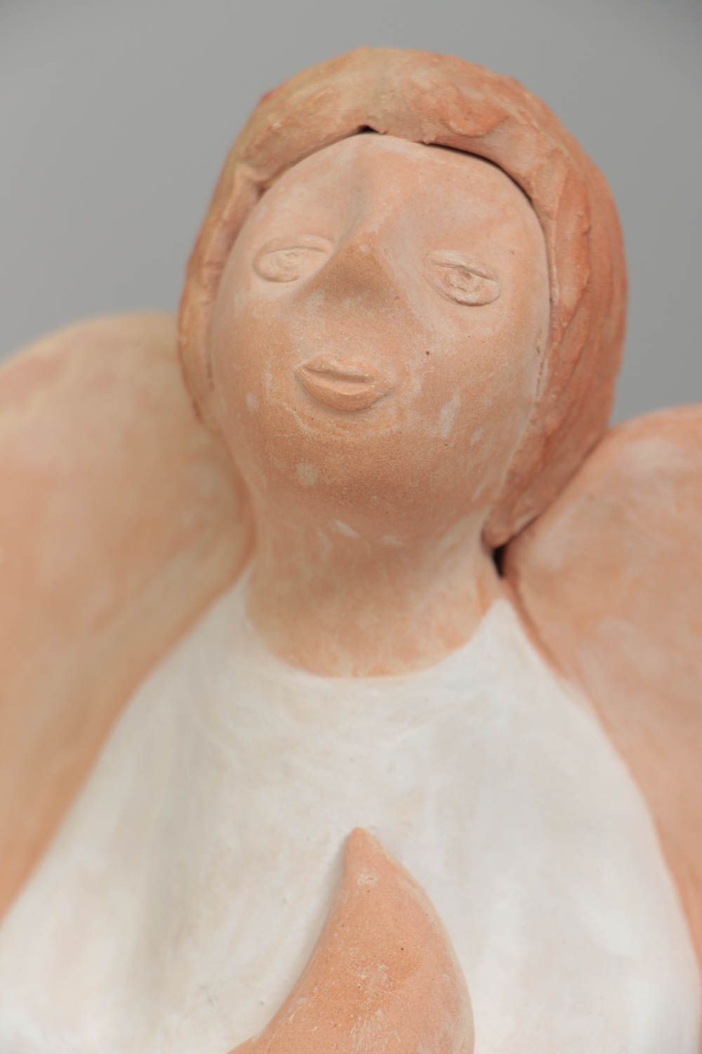 Clay figurine of angel with crescent in light shades small  handmade statuette photo 3