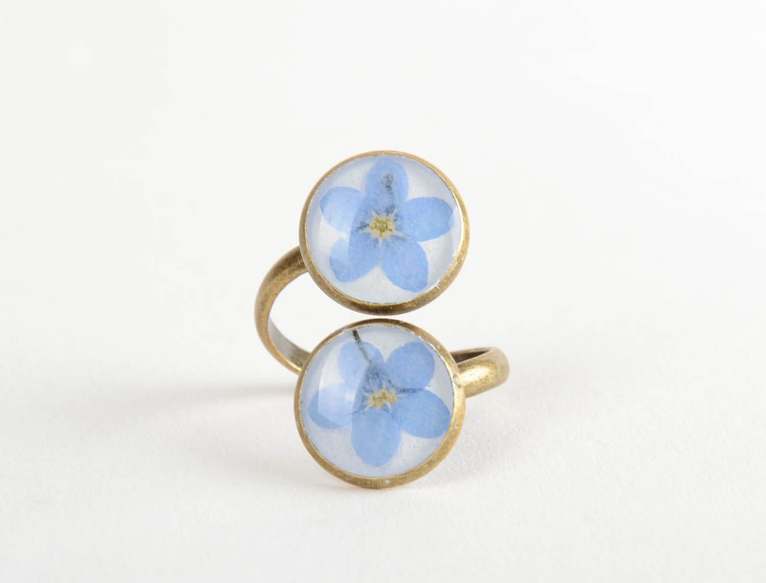 Handmade exquisite metal jewelry ring with blue flowers in epoxy resin photo 3