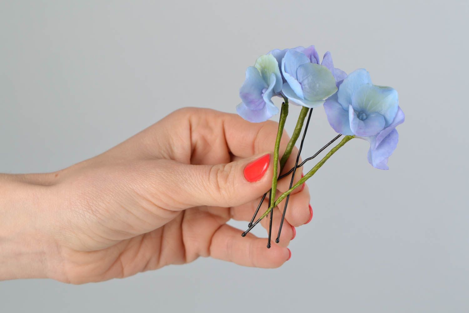 Pics à cheveux artisanaux ensemble de 3 pièces fait main d'argile bleu hortensia photo 2