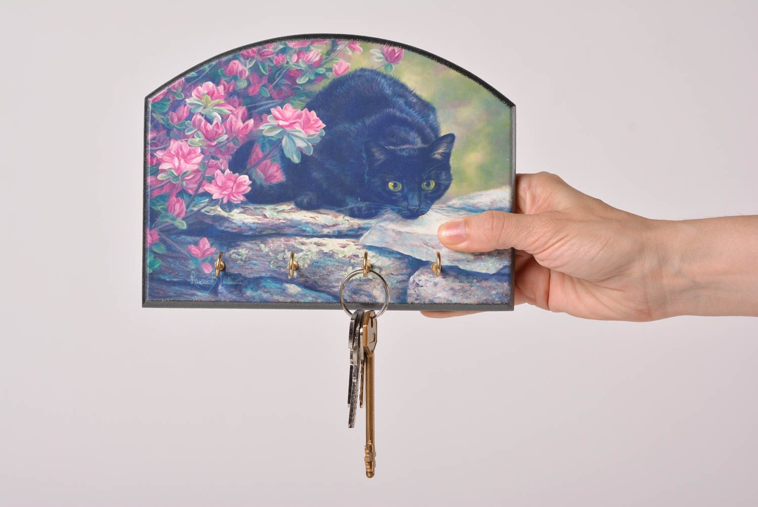 Beautiful interior handmade key holder with decoupage made of MDF with 4 hooks photo 3