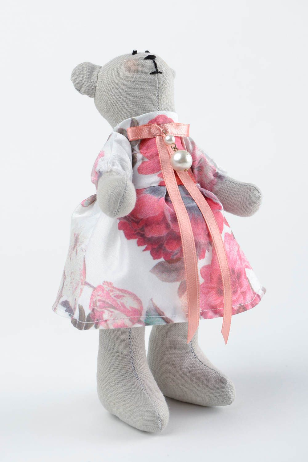 Peluche Ours en tissu lin coton faite main en robe motif floral Cadeau enfant photo 4