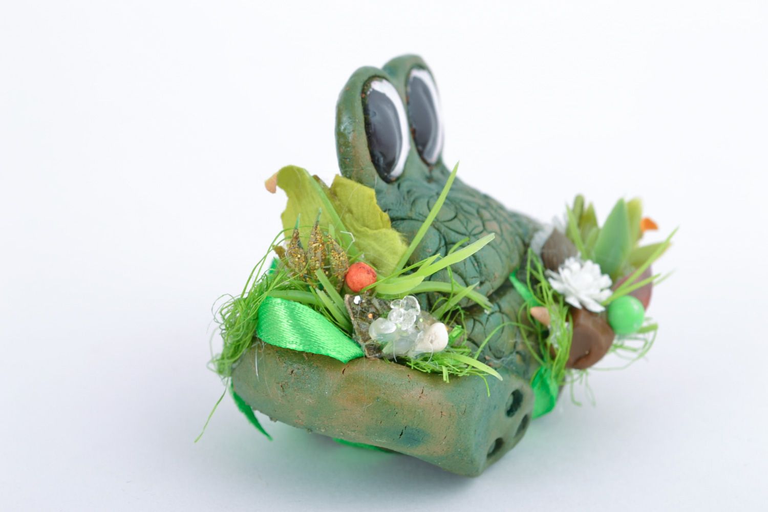 Small handmade ceramic figurine in the shape of green frog for interior decor photo 4