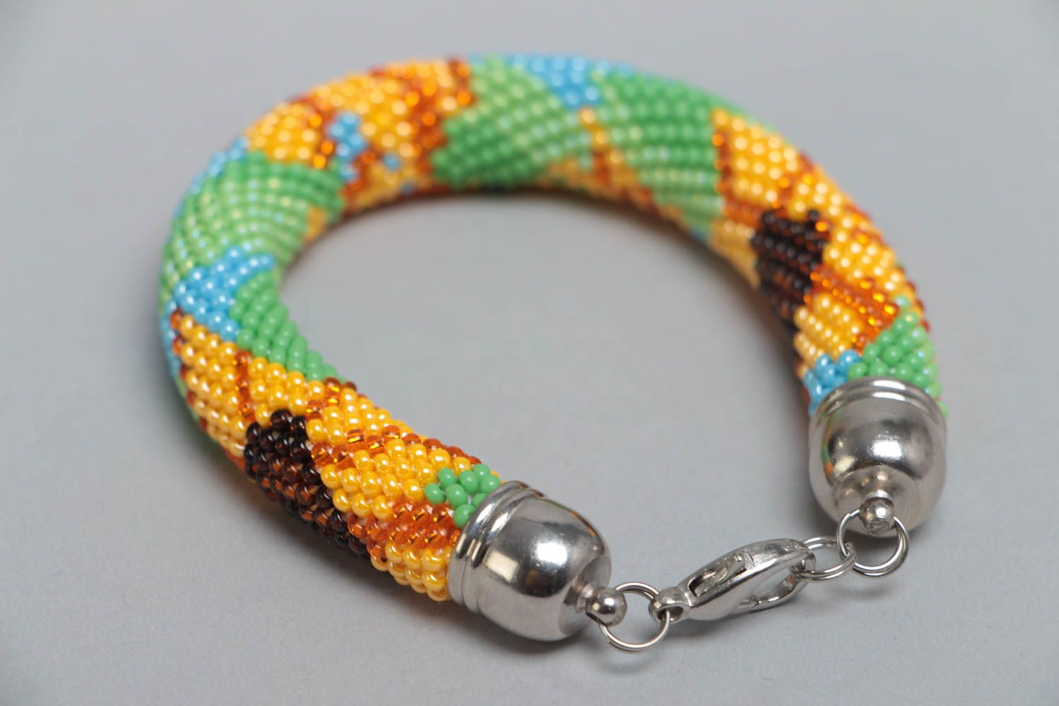 Handmade designer beaded cord wrist bracelet with bright sunflowers ornament photo 4