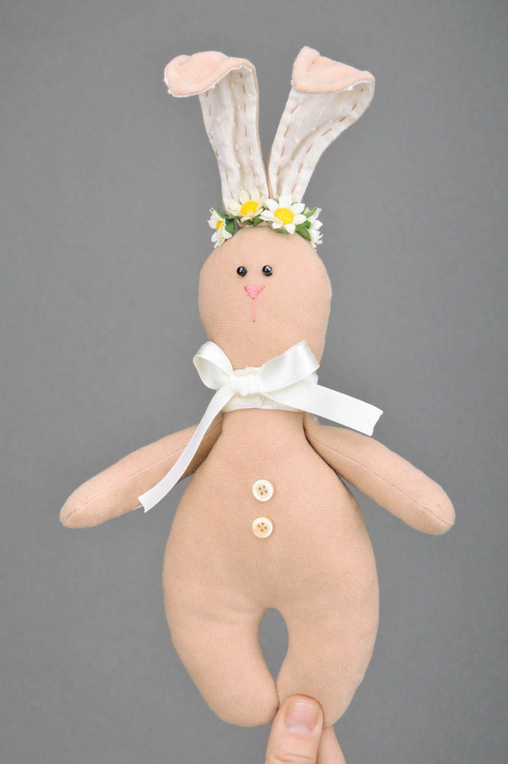 Handmade soft unusual beige toy in the form of cute textile bunny present for baby photo 3