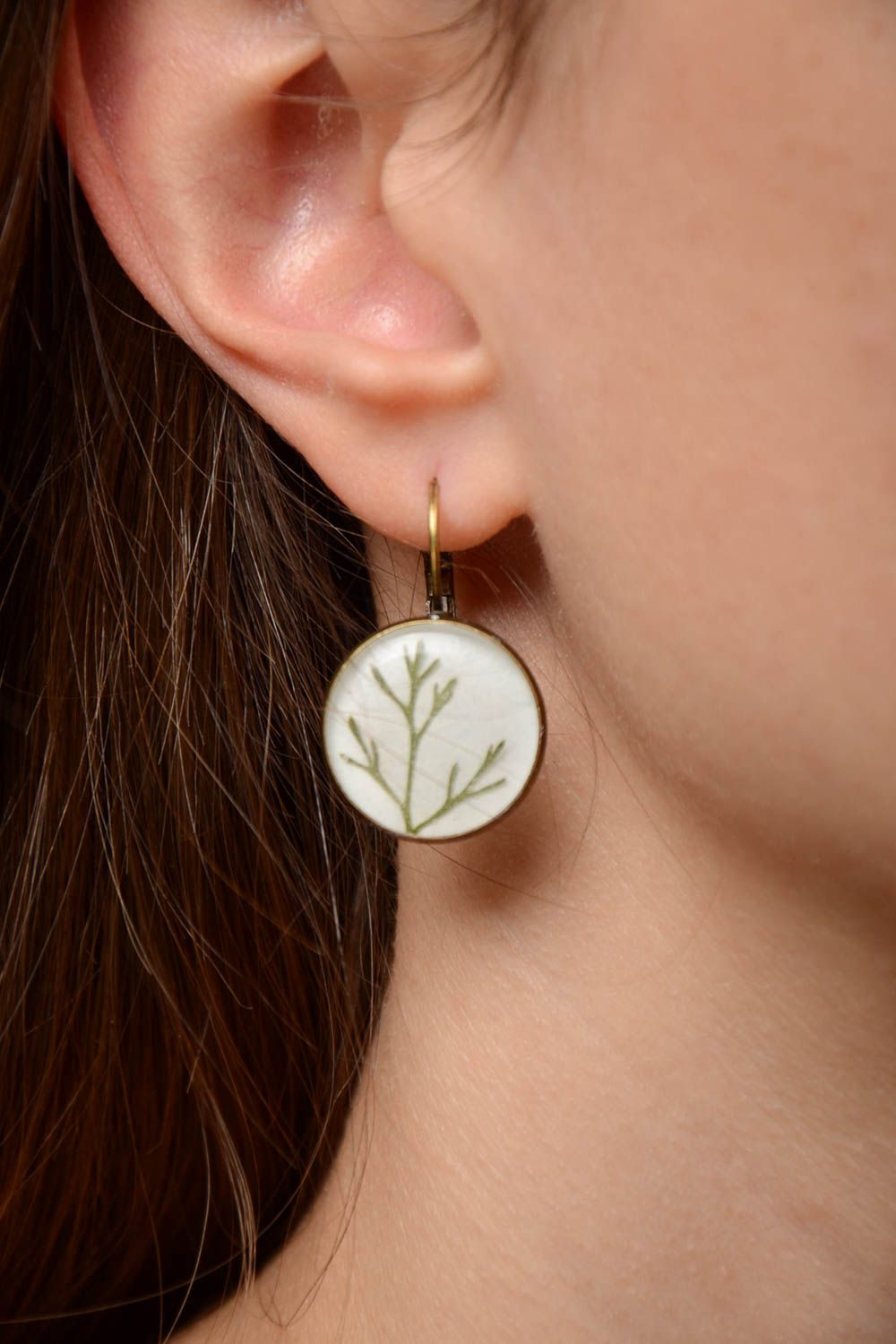 Beautiful handcrafted round bright pendant earrings with plants  photo 2