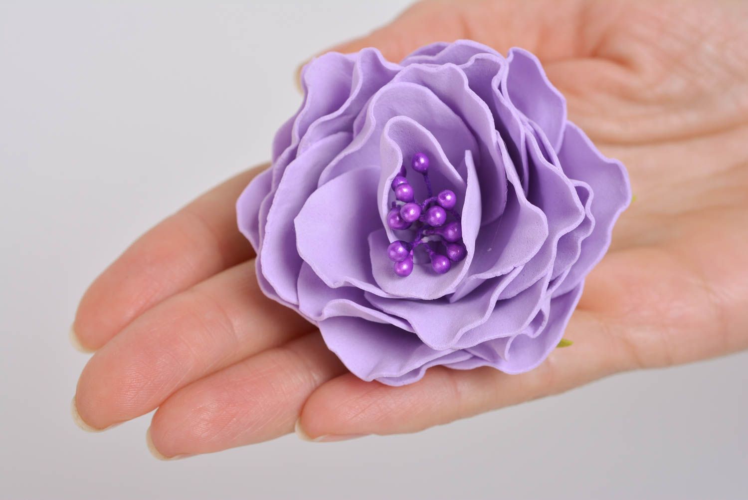 Handmade decorative hair tie with foamiran rose flower of tender violet color photo 4