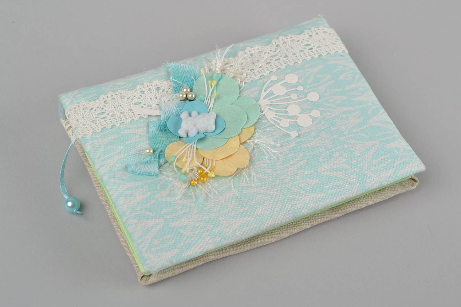 Handmade decorative designer notebook with blue soft fabric cover with flowers photo 3