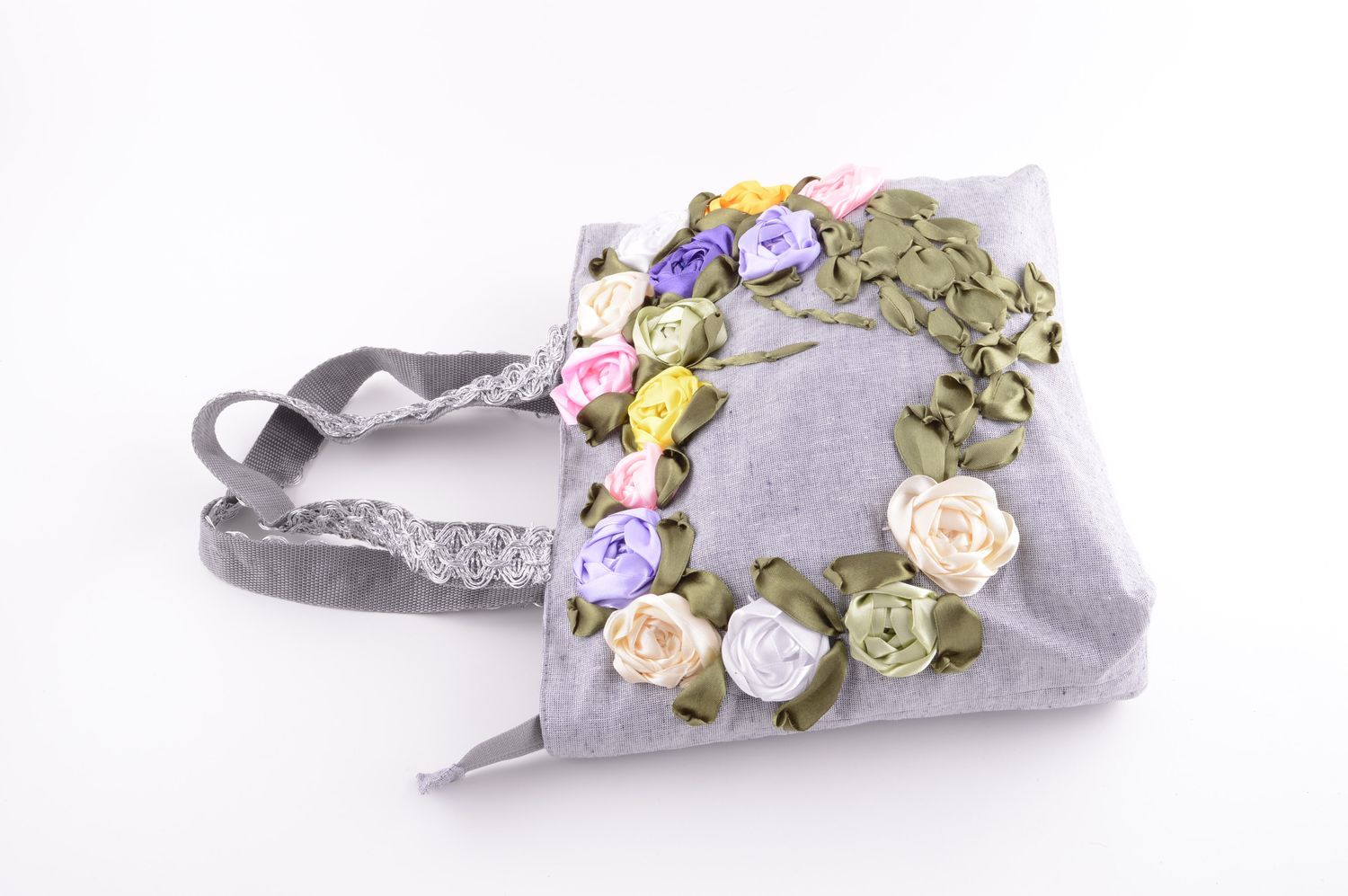 Handmade embroidered linen bag stylish shoulder bag grey designer bag photo 3