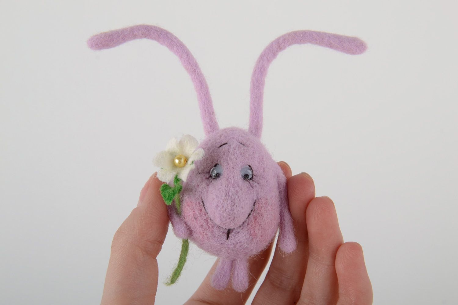 Handmade decorative fridge magnet felted of natural wool lilac rabbit with flower photo 5