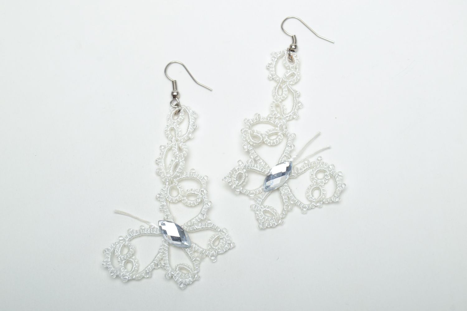 Lace earrings with beads made using tatting technique Butterflies photo 2
