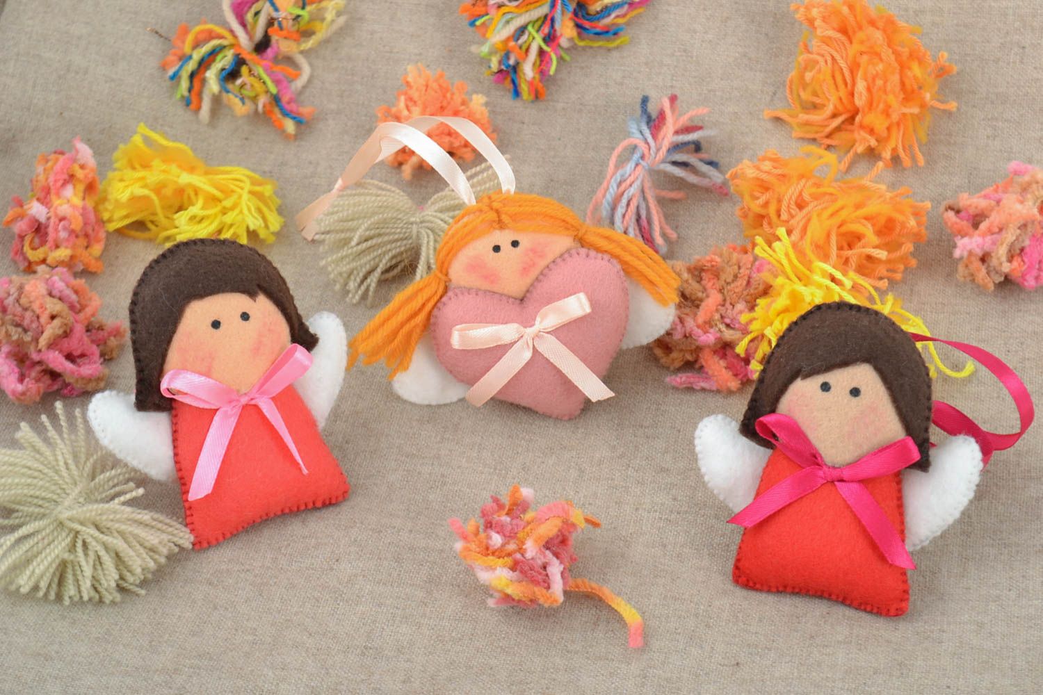 Set of 3 handmade decorative felt fabric soft hanging toys Angels with eyelets  photo 1