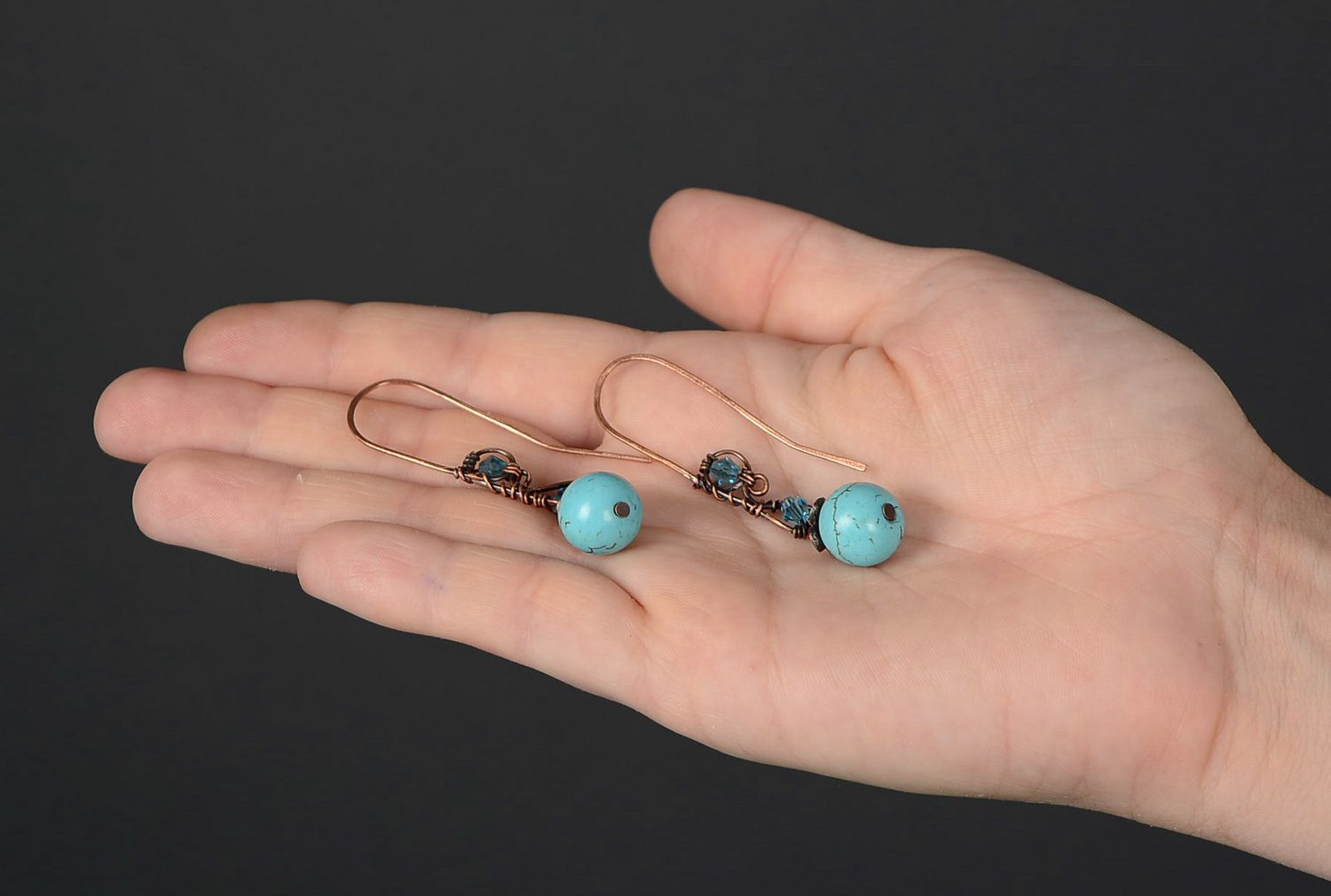 Copper earrings with turquoise, wire wrap photo 5
