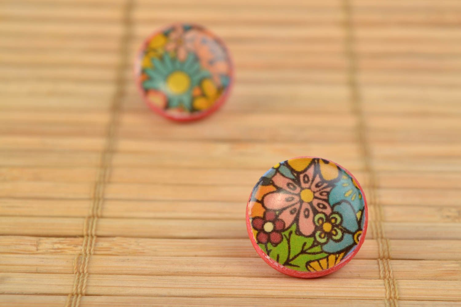 Round earrings made of polymer clay using decoupage technique stylish accessory photo 5