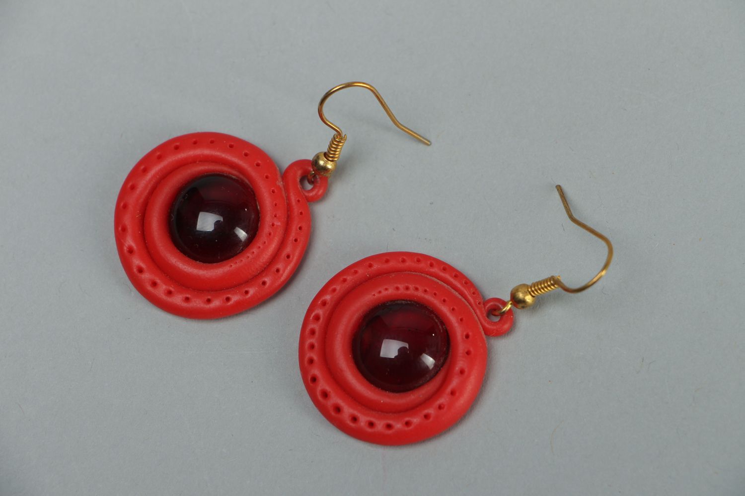 Bright red polymer clay earrings photo 1