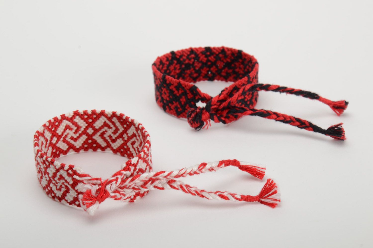 Set of 2 handmade friendship bracelets woven of red white and black threads  photo 3