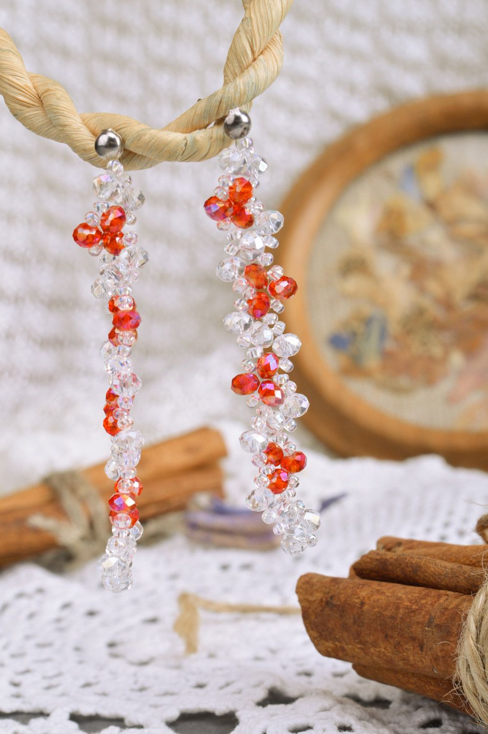 Beautiful evening handmade long crystal bead earrings of red and white colors photo 1