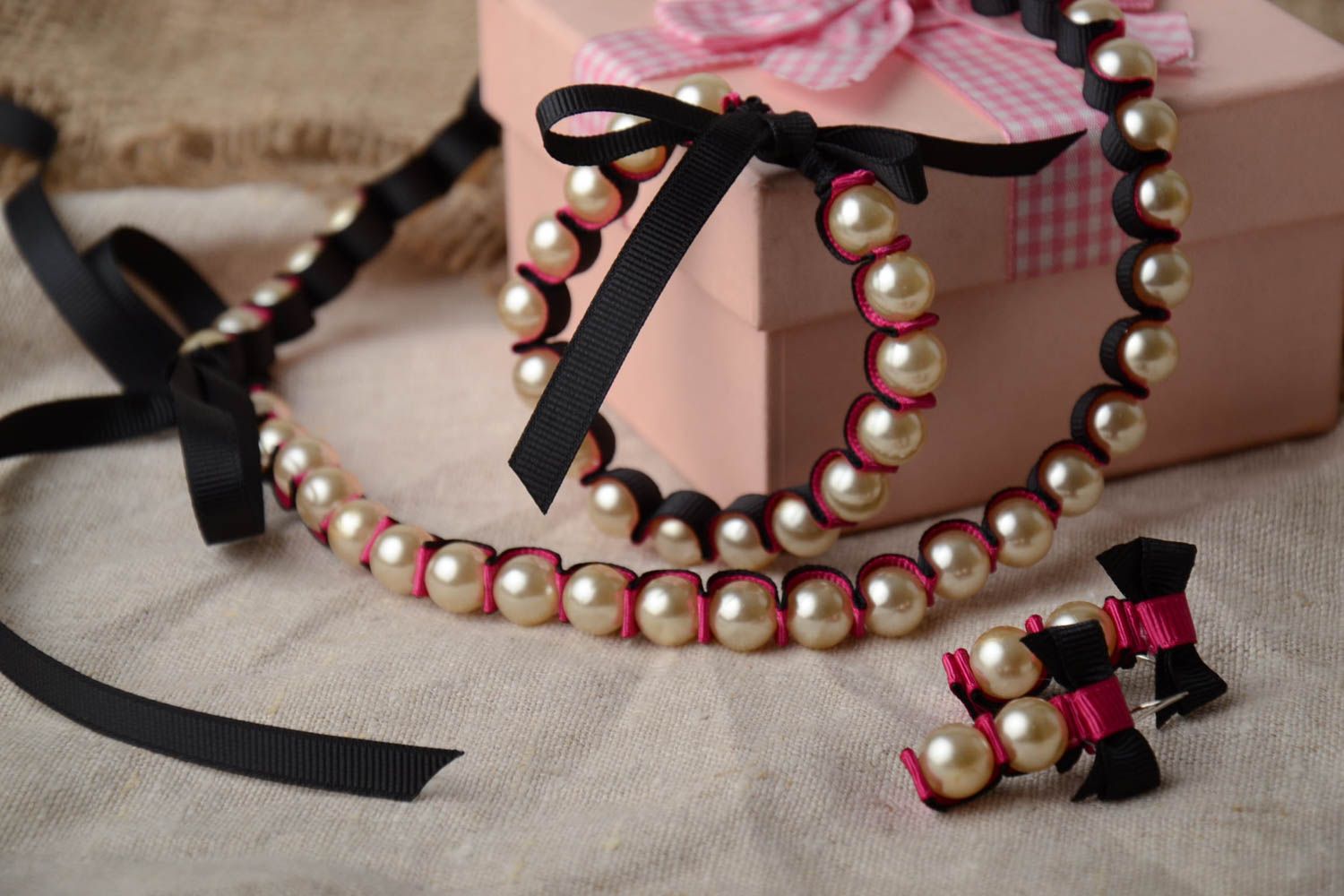 Set of 3 handmade bead accessories with ribbons earrings necklace and bracelet  photo 1