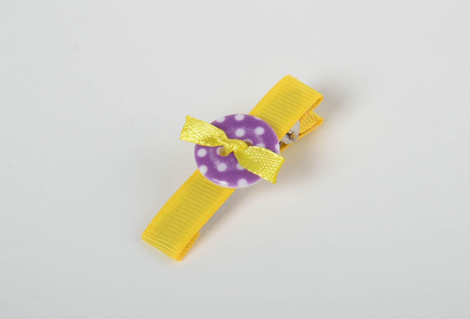 Yellow handmade designer children's soft textile hair clip with button photo 2