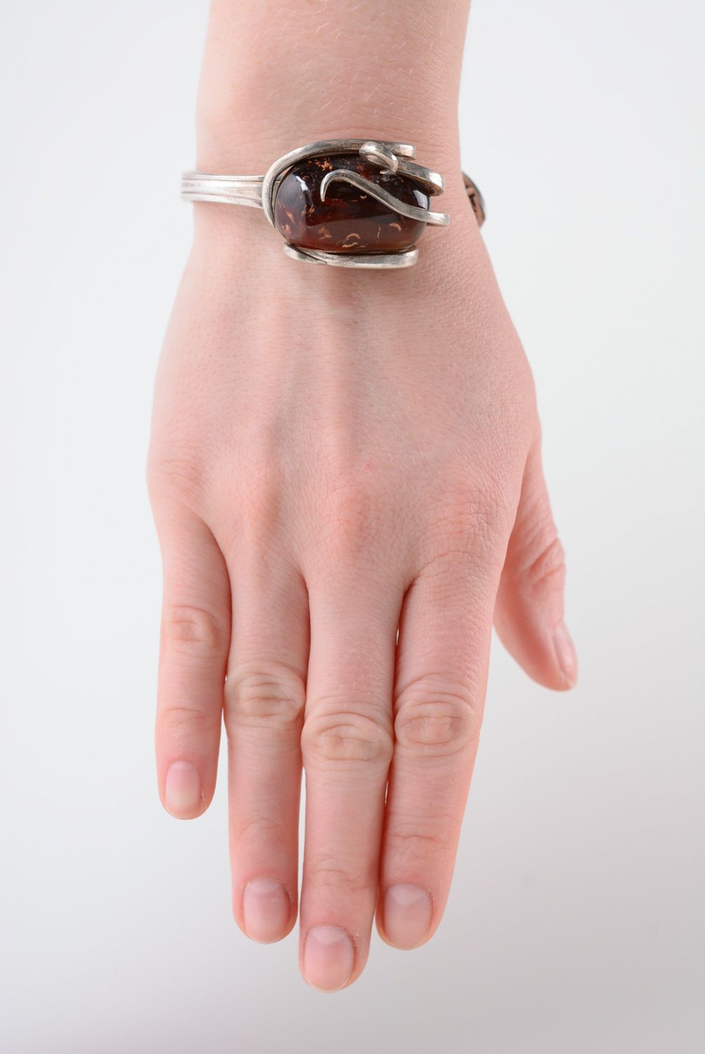 Handgemachtes Metall Armband mit Naturstein aus Neusilber Gabel foto 3