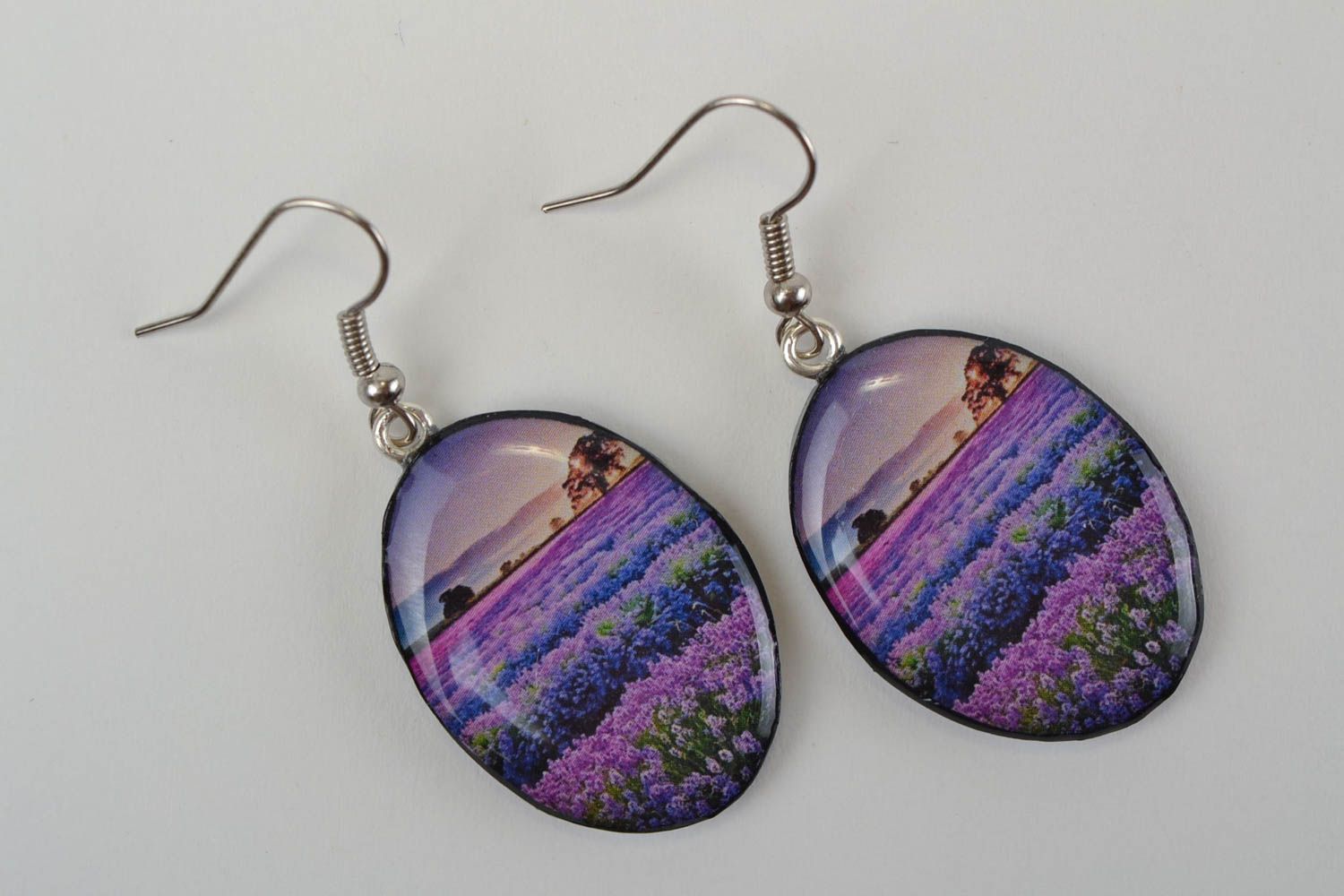 Stylish handmade designer polymer clay oval earrings with decoupage Landscape photo 3