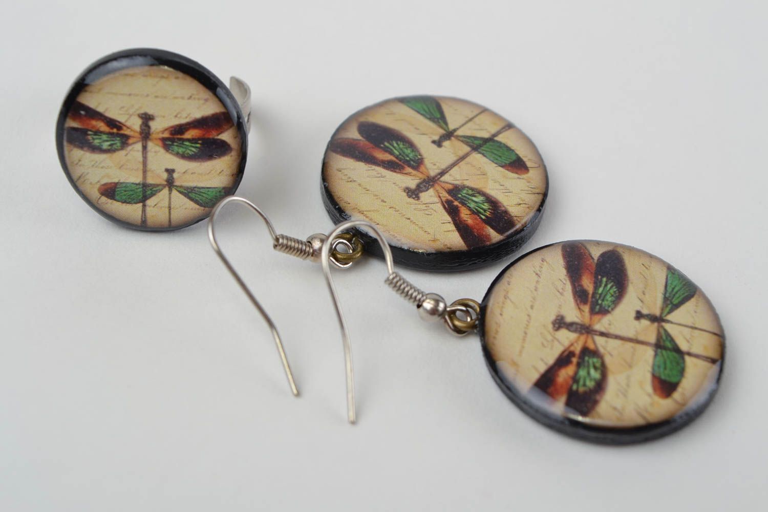 Feines handmade Schmucksachen Set 2 Accessoires Ohrringe und Ring aus Polymerton foto 3