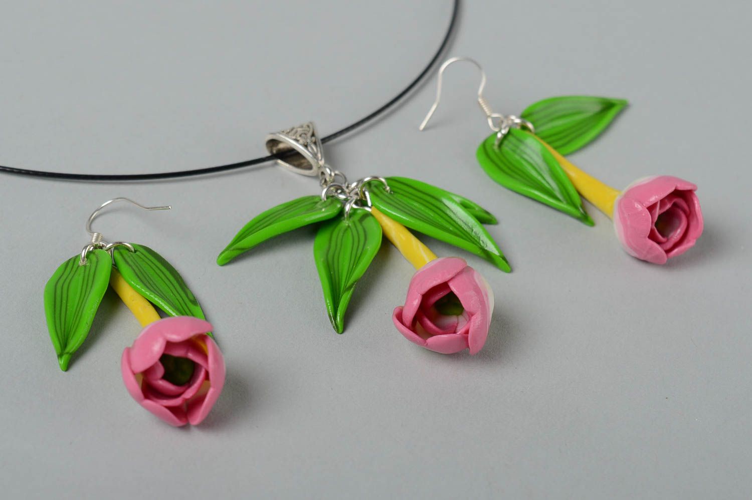 Handmade plastic necklace plastic earrings polymer clay earrings flower pendant photo 3