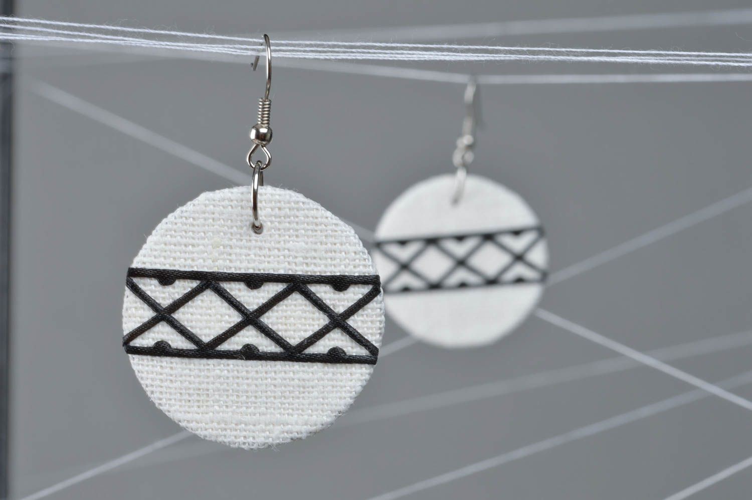 Beautiful handmade linen fabric designer earrings with rectangular pattern photo 1