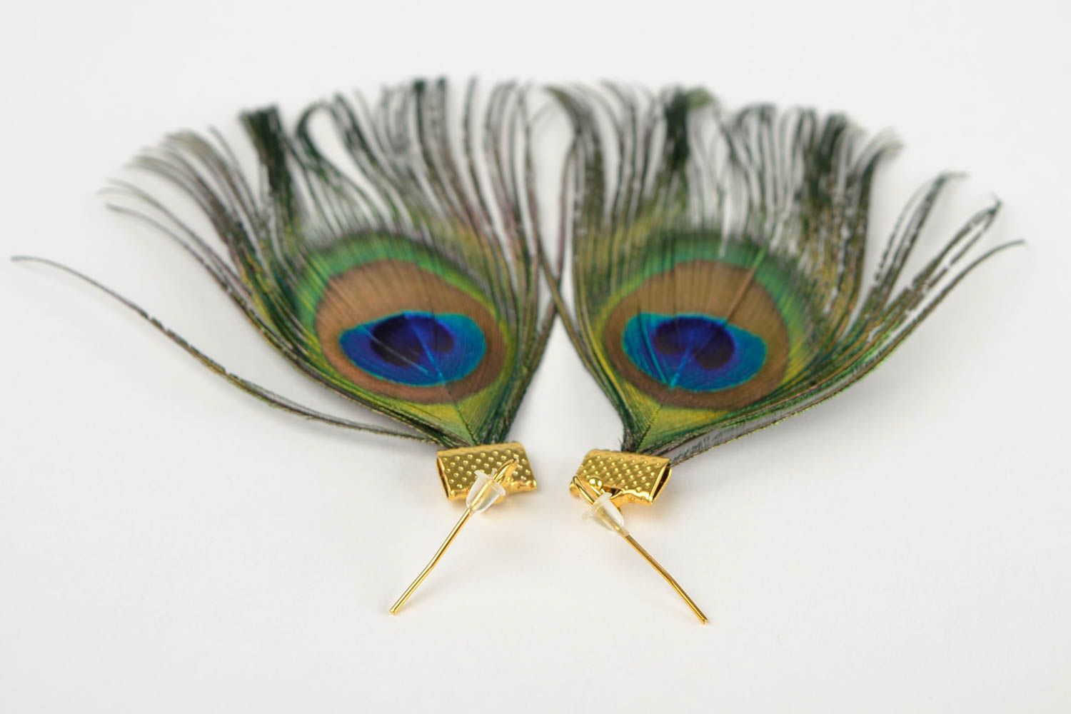 Boucles d'oreilles plumes de paon Bijou fait main grandes design Cadeau femme photo 5