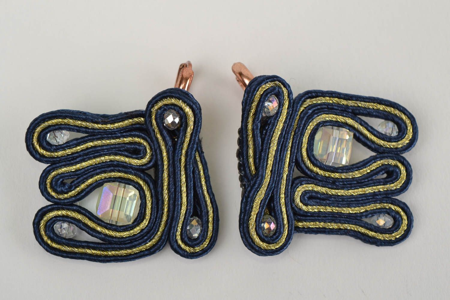 Unusual beautiful blue handmade soutache earrings with crystal beads photo 4