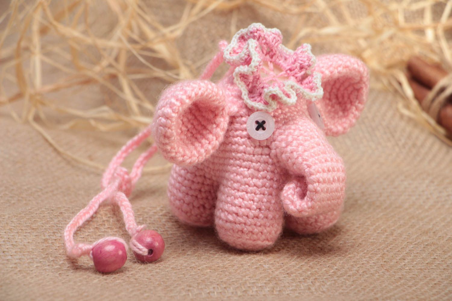 Soft crocheted toy pink elephant made of acrylic threads handmade interior decor photo 1