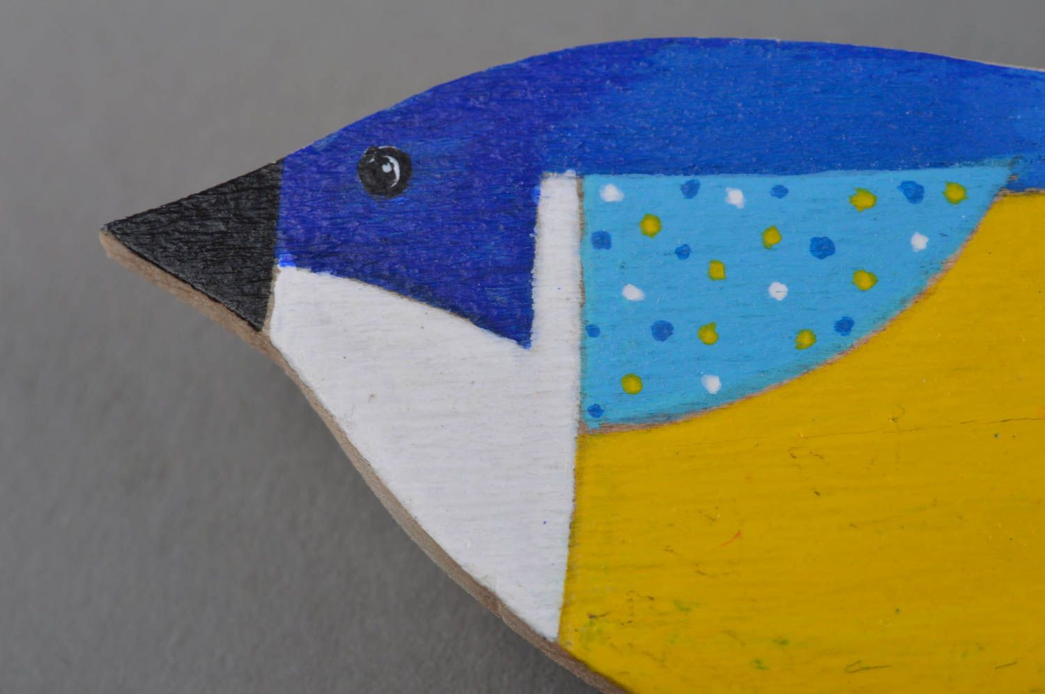 Handmade designer bright painted plywood brooch blue and yellow titmouse bird photo 2