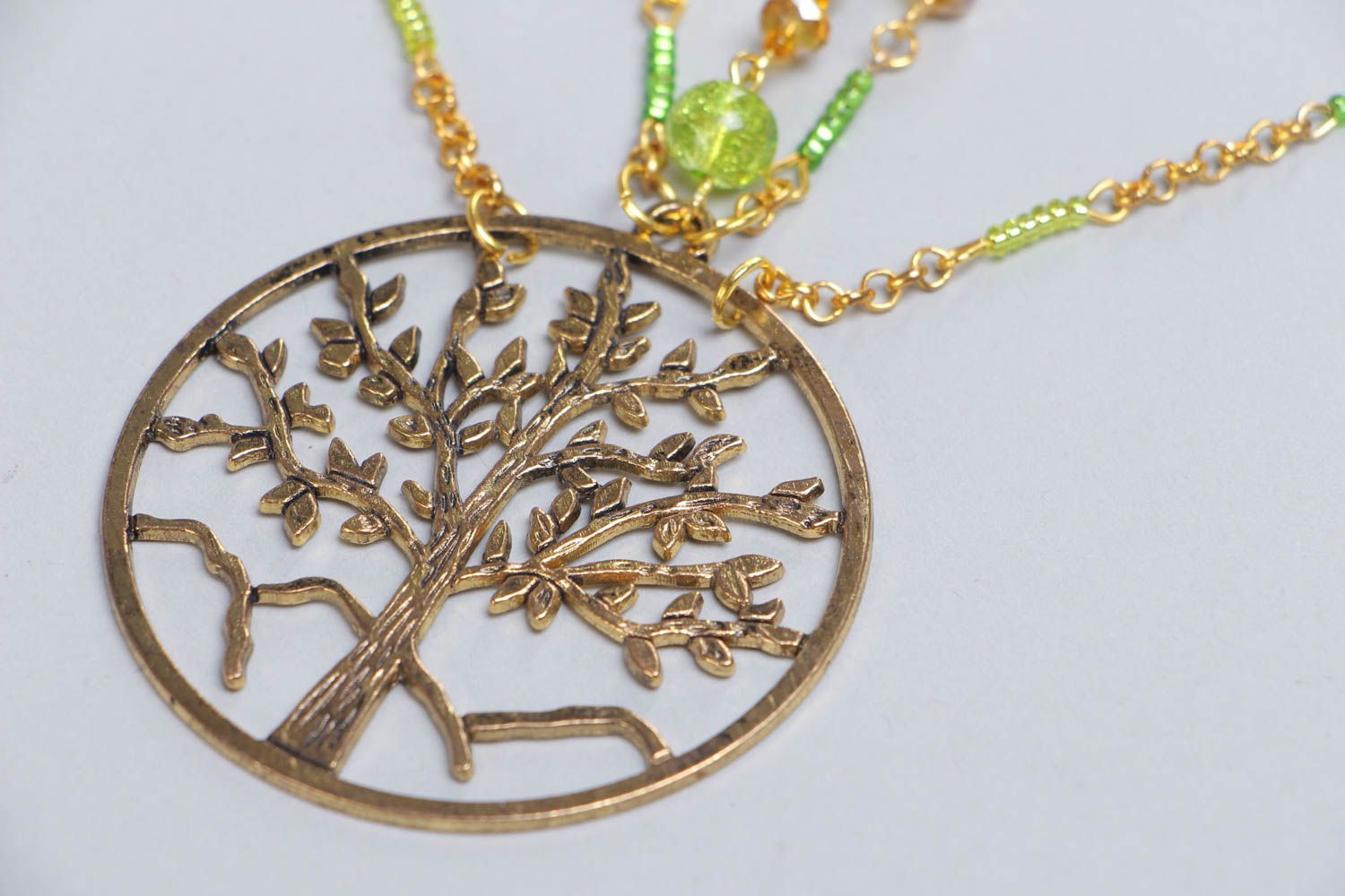 Handmade designer beaded necklace with metal charm and chains Tree of Life photo 3