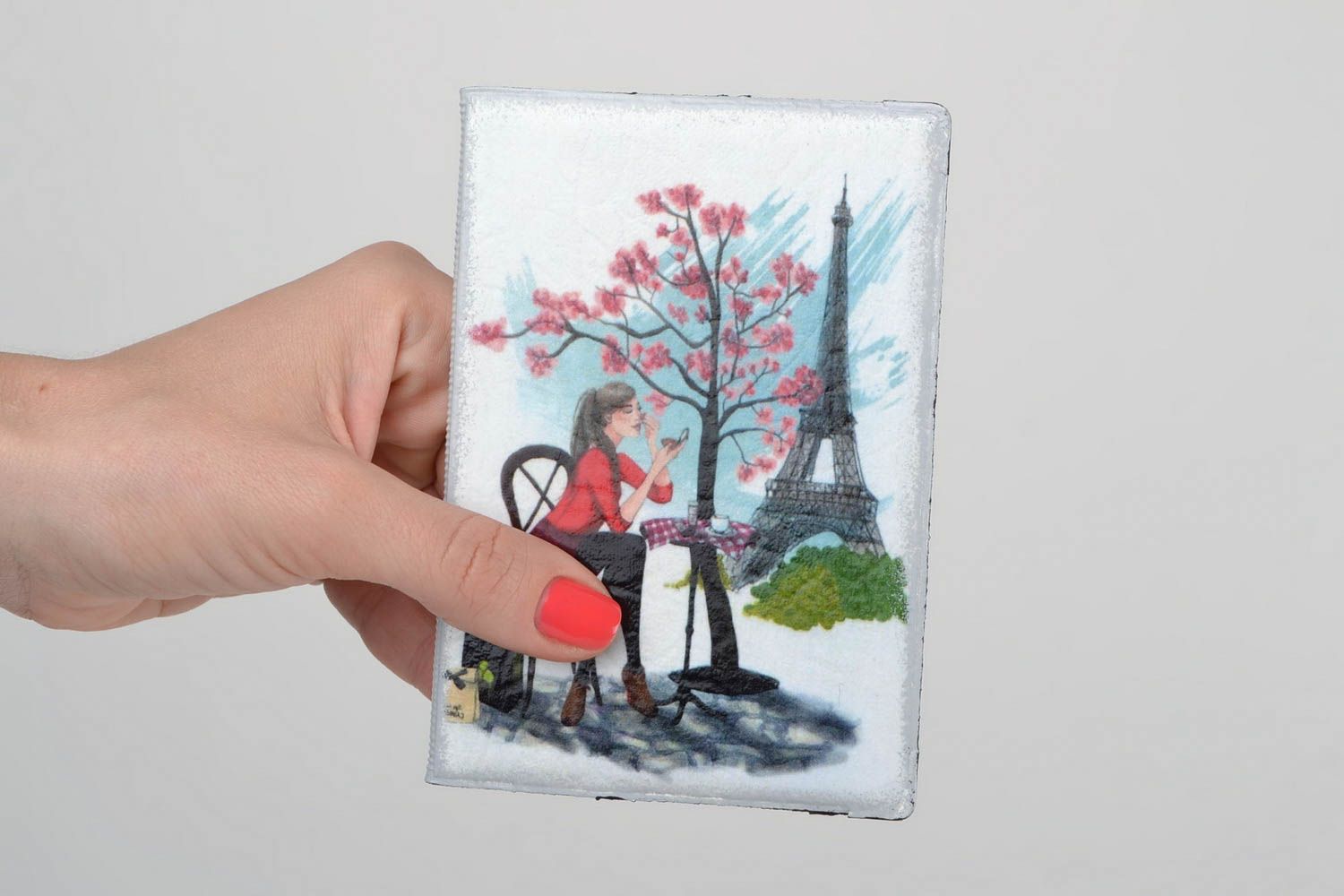 Funda de pasaporte bonita artesanal de cuero artificial decoupage París  foto 2