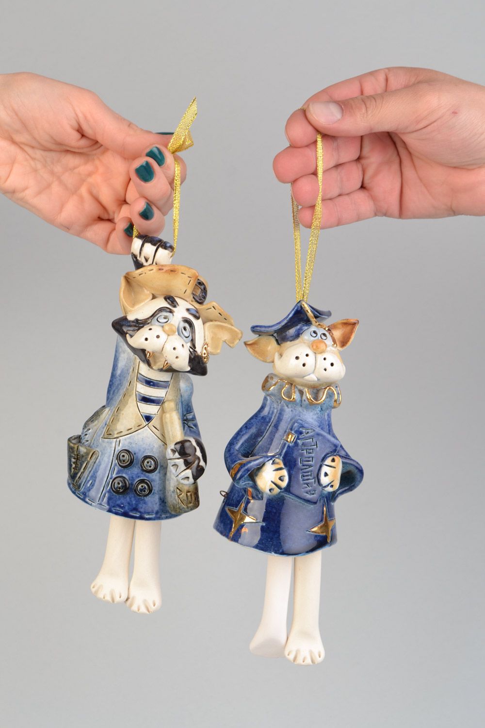 Set of handmade clay bells painted with glaze 2 pieces Cats photo 1