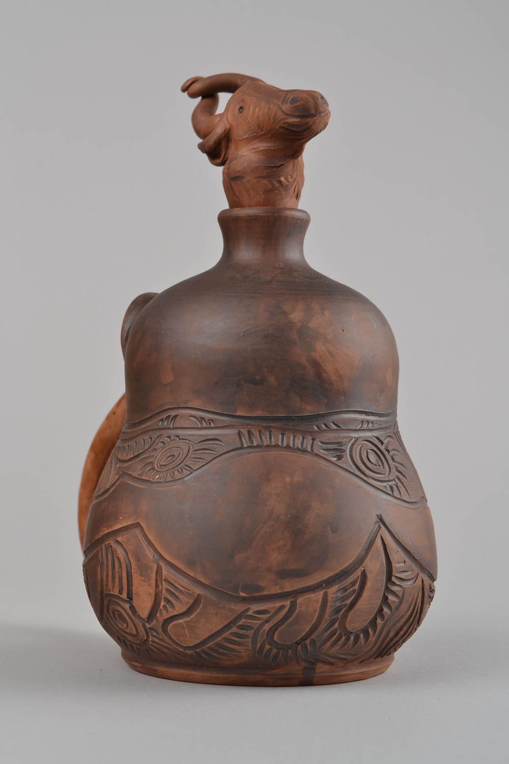 Botella de arcilla con tapón decorativa artesanal grande marrón con ornamento 1l foto 3