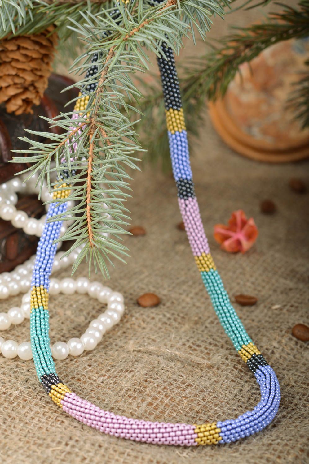 Beautiful colorful handmade designer beaded cord necklace with Czech beads photo 5