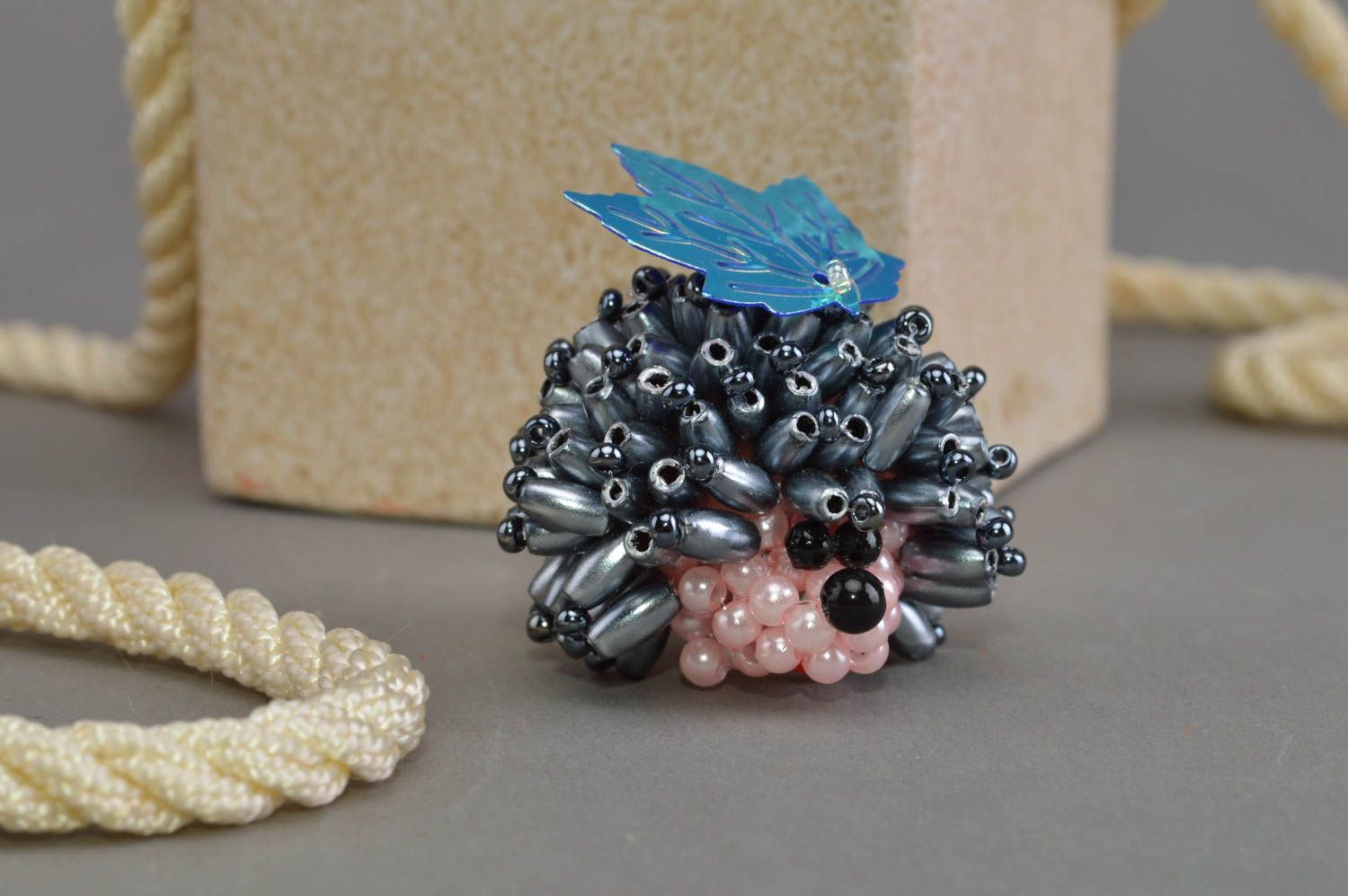 Handmade designer miniature collectible figurine of hedgehog woven of beads photo 1