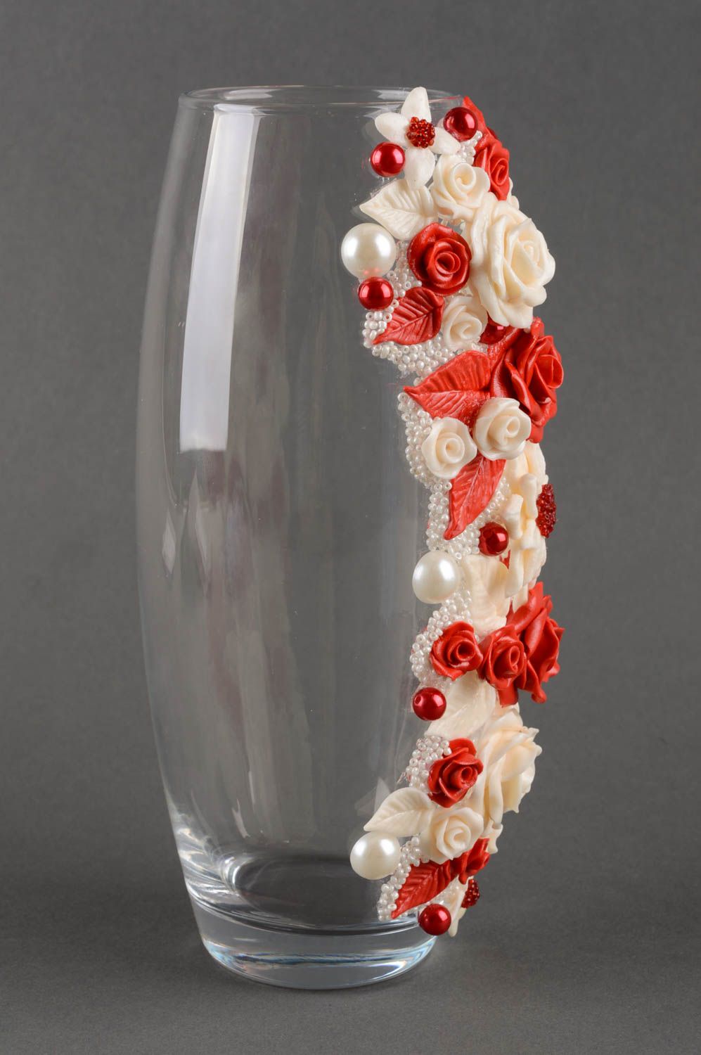 11 inches clear glass flower vase with floral décor with red&white roses 1,6 lb photo 3