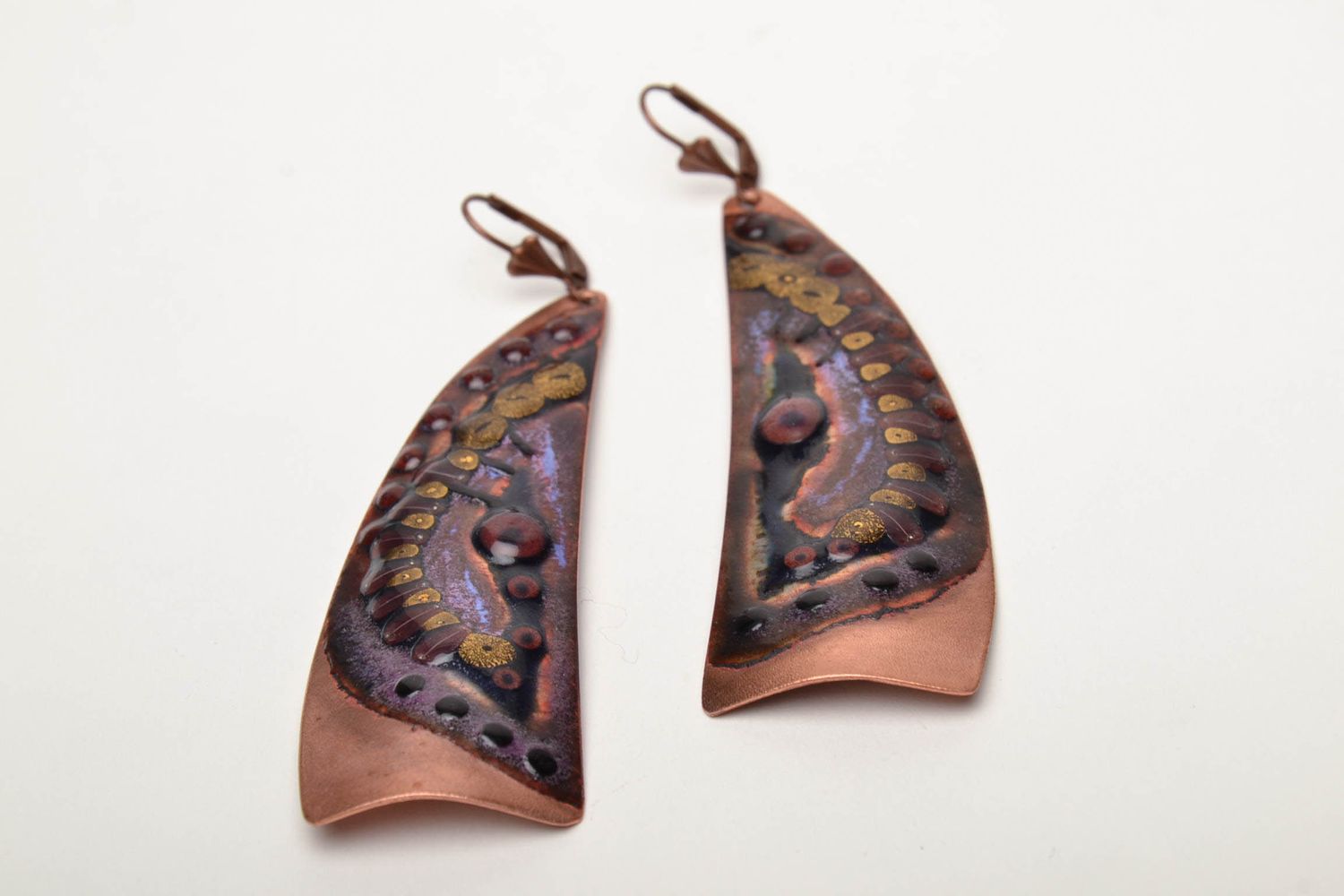Handmade copper earrings with enamel painting photo 3