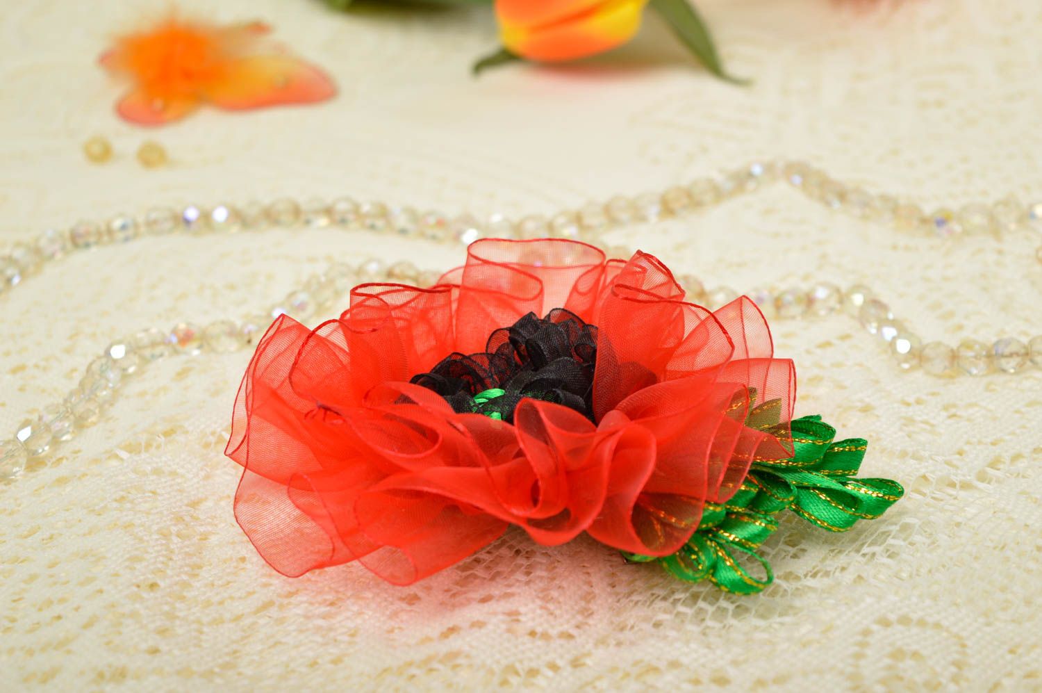 Flower barrette handmade jewelry red poppy hair clip fashion jewelry girls gift  photo 1