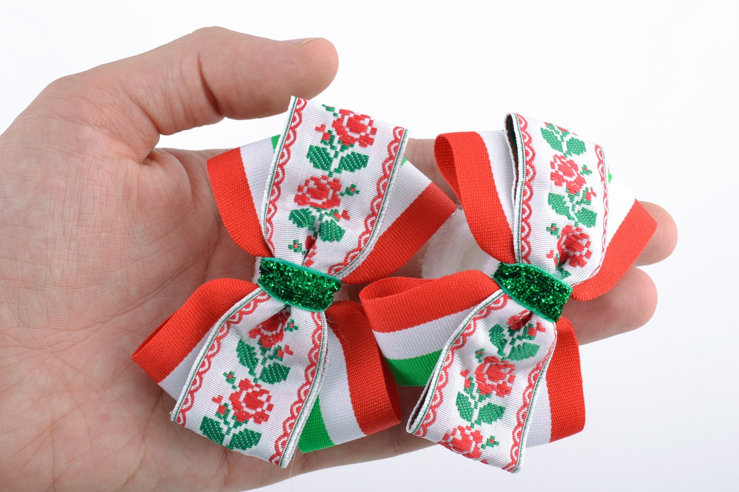 Set of bright handmade ribbon bow hair ties for children 2 pieces photo 2