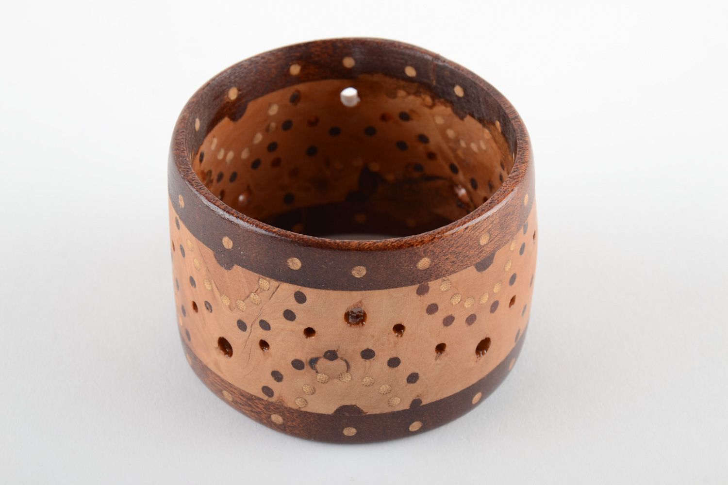 Handmade two-colored wide wooden wrist bracelet with inlay and perforation  photo 3