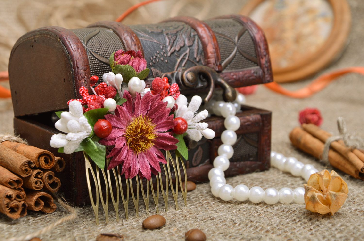 Handmade decorative metal hair comb with beautiful pink floral composition photo 1