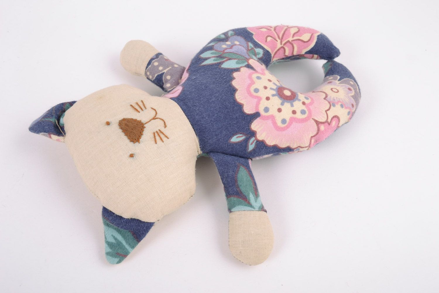 Handmade soft toy sewn of cotton fabric with floral pattern in the shape of cat photo 2
