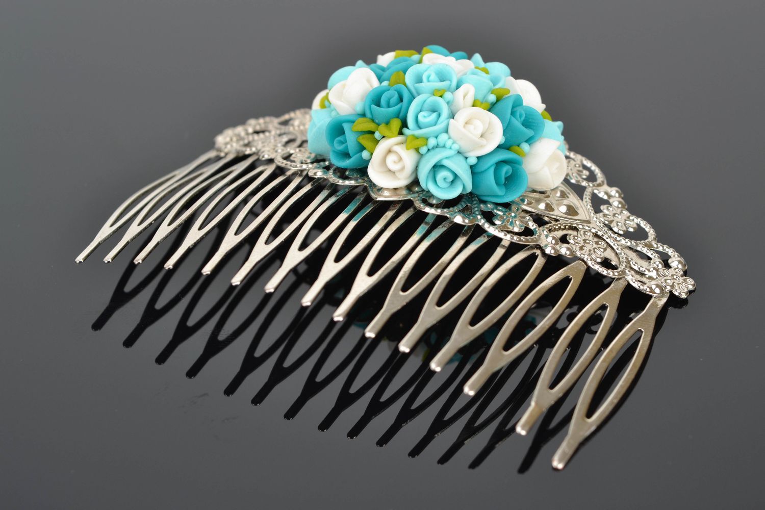 Metal hair comb with polymer clay flowers photo 1