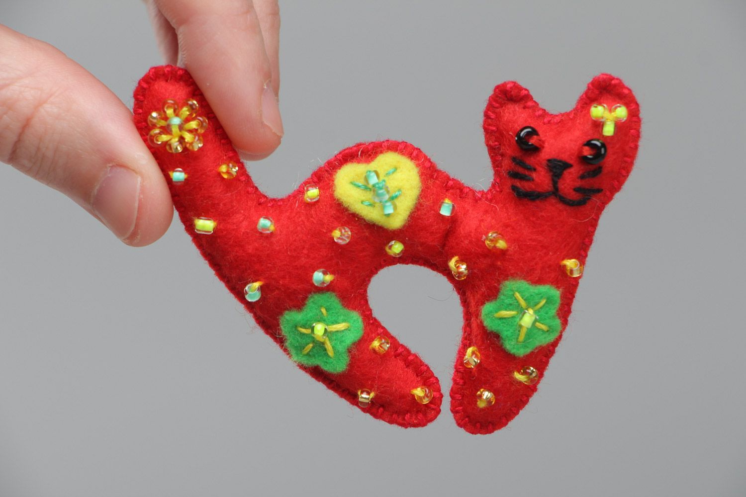 Bright red handmade soft toy kitten sewn of felt for decor of child's room  photo 5