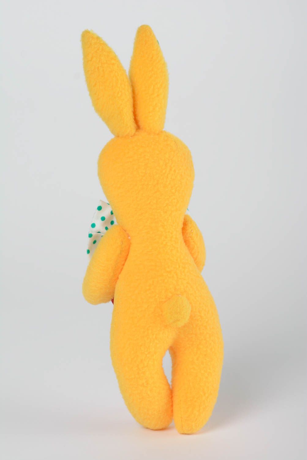 Handmade fleece fabric soft toy yellow rabbit with polka dot bow tie and heart photo 4